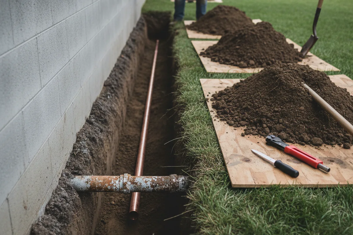Excavated water line trench during Sewer Line Repair in Lemon Springs